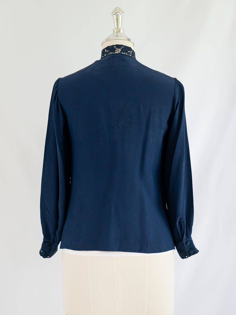 Vintage Mandarin Neck Cuff Sleeved Navy Blue Silk Blouse