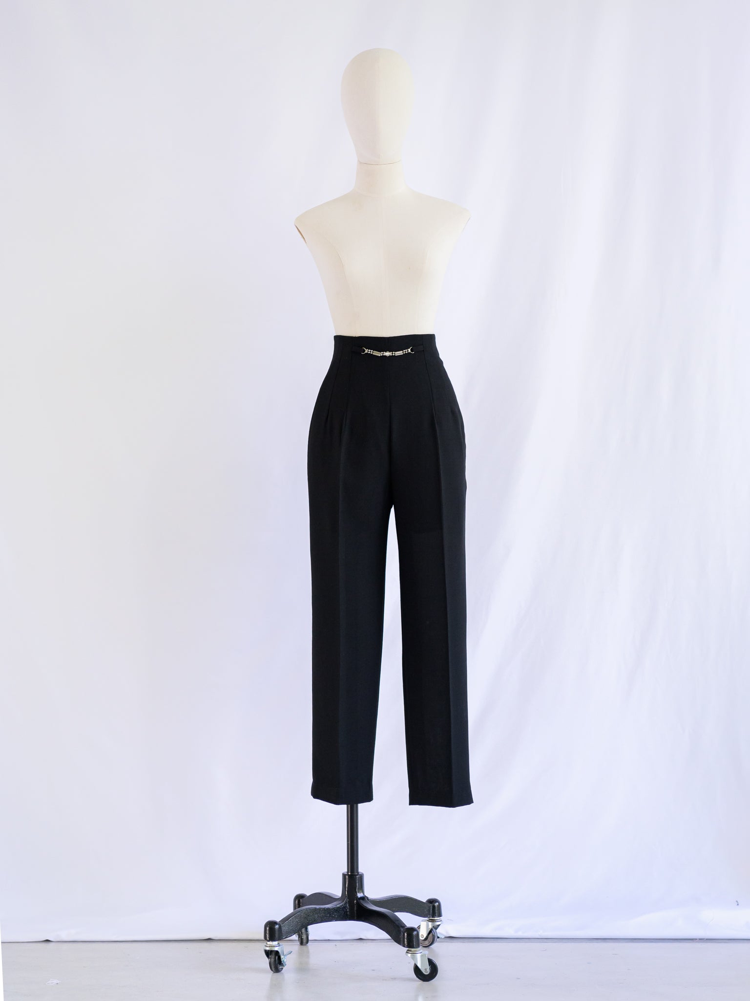 Vintage Polyester Faux Belt Straight Leg Black Trouser