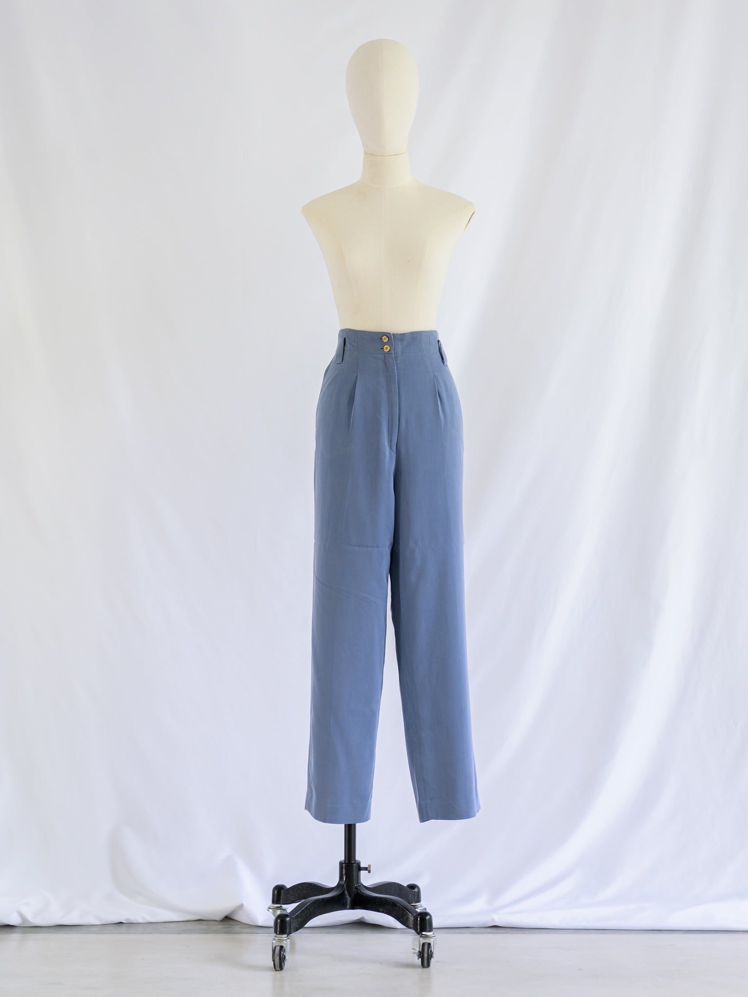 Vintage Blue Chiffon High-Waist Patch Pocket Trousers