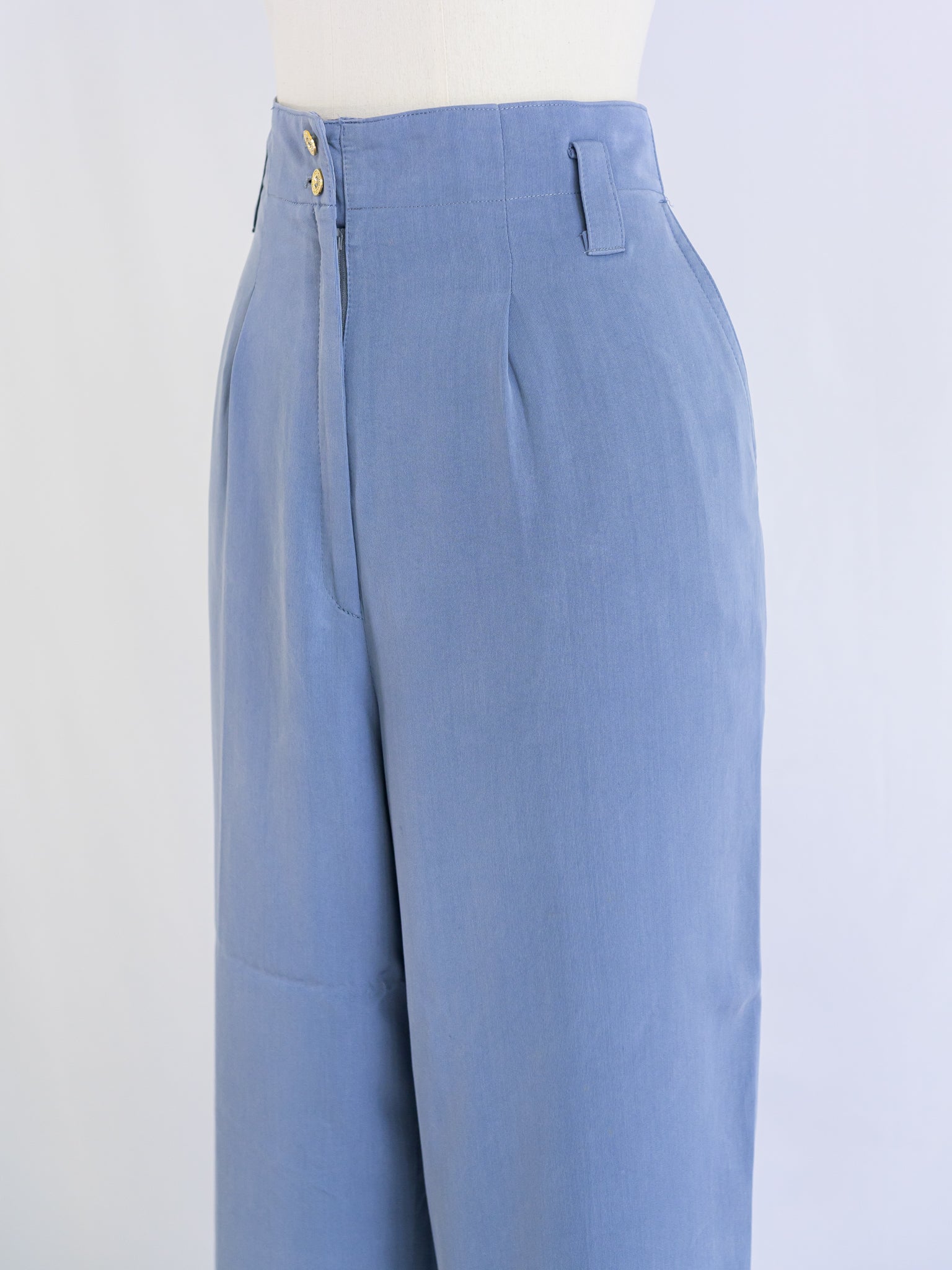 Vintage Blue Chiffon High-Waist Patch Pocket Trousers