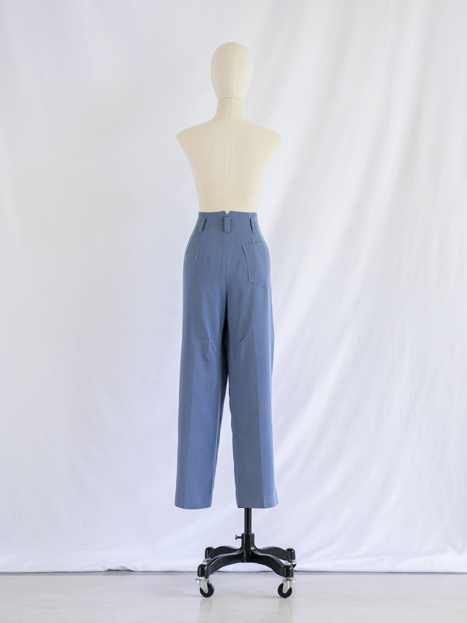 Vintage Blue Chiffon High-Waist Patch Pocket Trousers