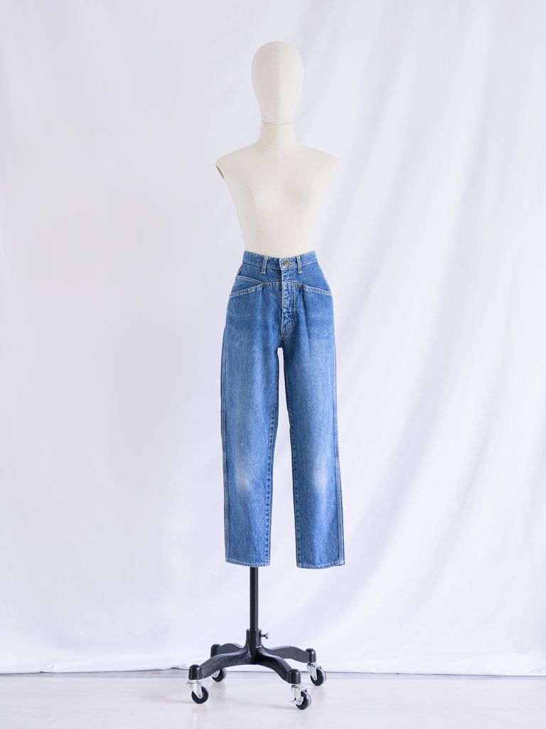 Vintage Blue High Waist Abstract Print Patch Denim Jeans