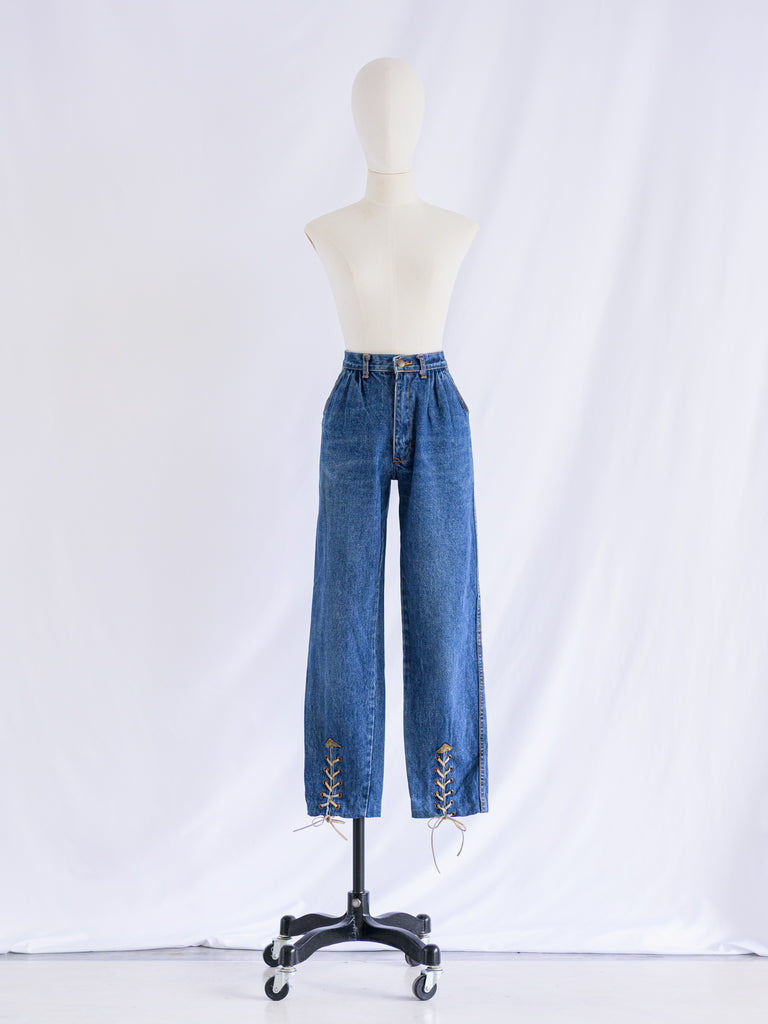 Vintage Blue Mid-Rise Lace Tie Detailed Denim Jeans