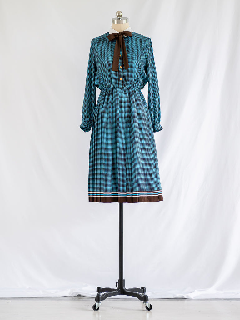 Vintage Collared Neck Cuff Sleeved Blue Bow-Tie Midi Dress