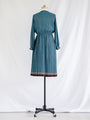 Vintage Collared Neck Cuff Sleeved Blue Bow-Tie Midi Dress