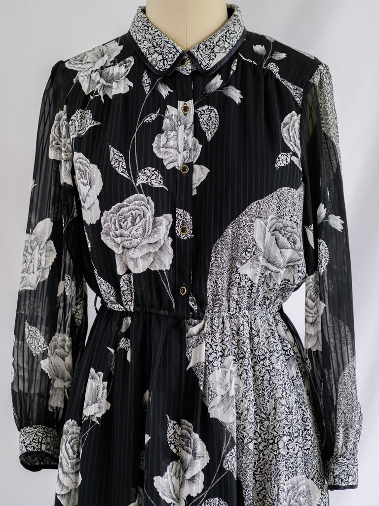 Sugar Cream Vintage Chiffon Chinese Collared Floral Midi Dress