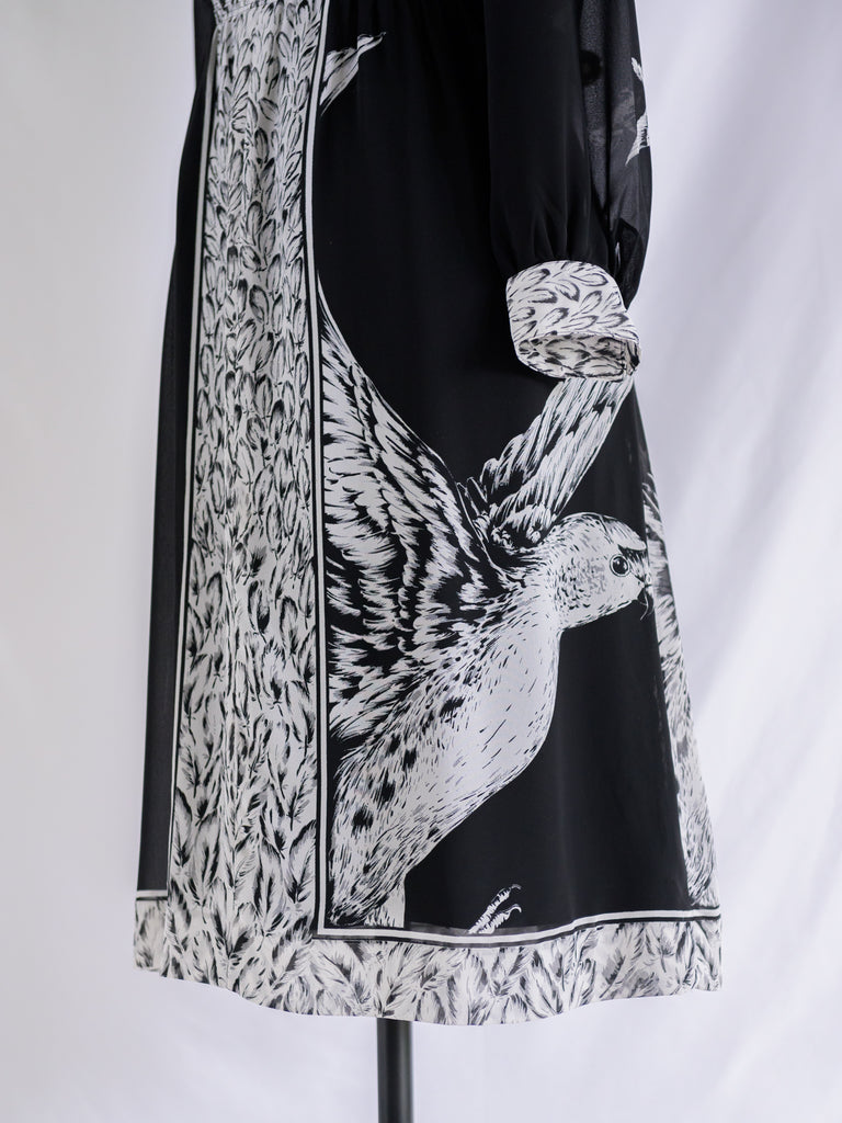 Vintage Black and White Eagle Print Chiffon Midi Dress