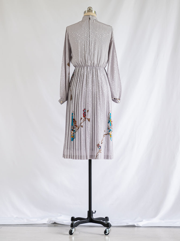 Vintage Chiffon Chinese Collared Full Cuff Sleeved Grey Midi Dress