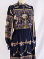 Vintage Chiffon Navy Blue Floral Victorian Print Midi Dress