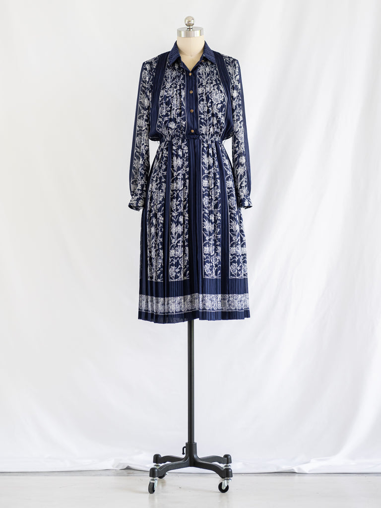 Vintage Navy Blue Floral Detailing Chiffon Midi Dress