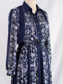 Vintage Navy Blue Floral Detailing Chiffon Midi Dress