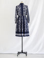 Vintage Navy Blue Floral Detailing Chiffon Midi Dress