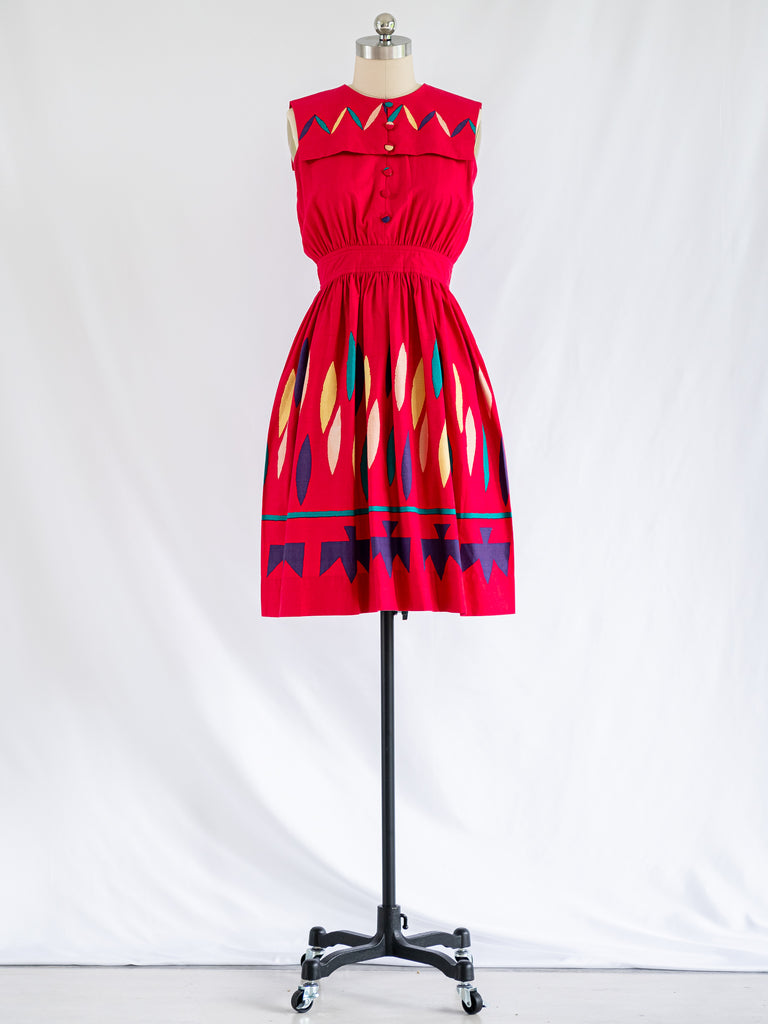 Vintage Cotton Red Closed Neck Sleeveless Midi Dress