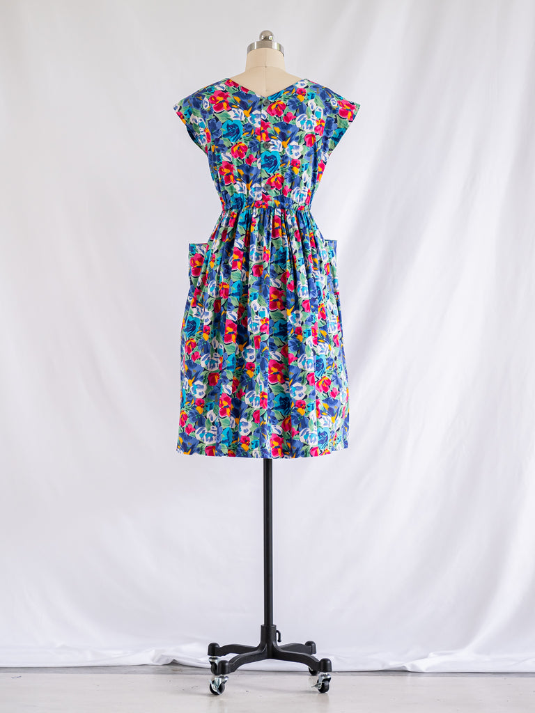 Vintage Colorful Floral Print Round Neck Cotton Midi Dress