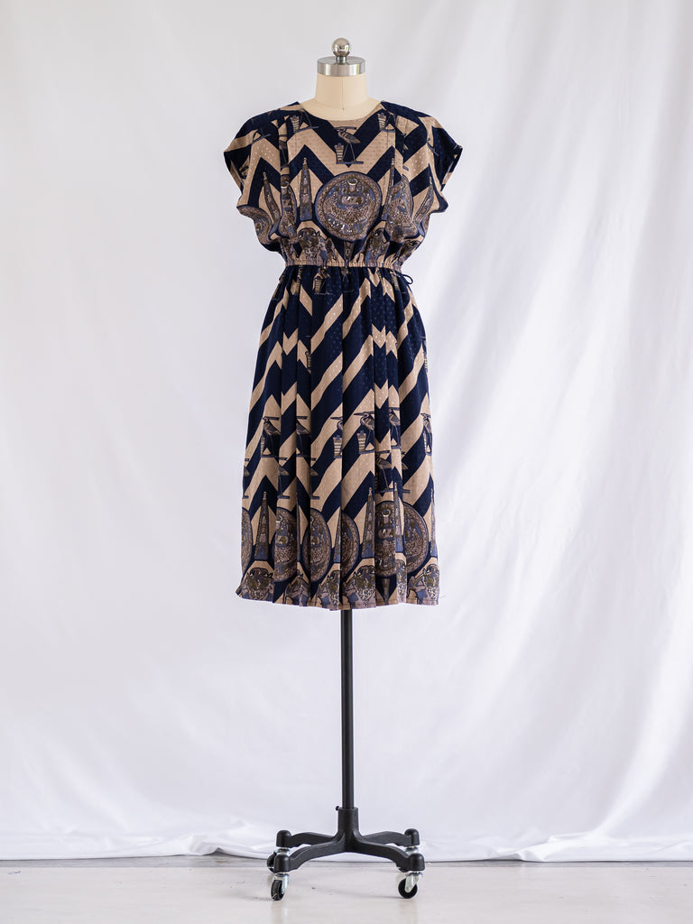 Vintage Serene Blue Beige Tone Zigzag Stripe Midi Dress
