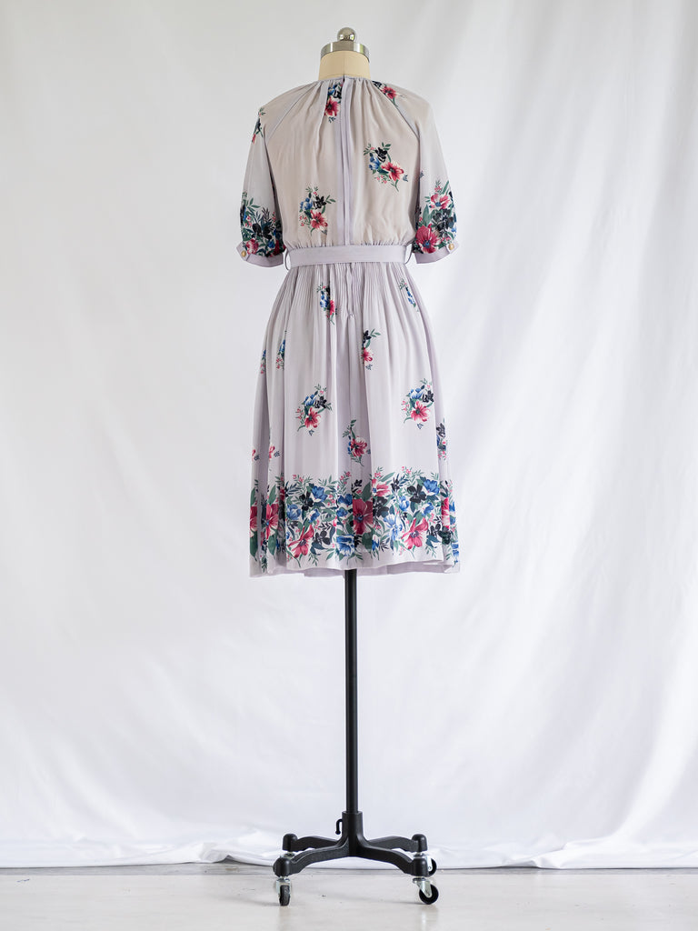 Vintage White Floral Wide Border Chiffon Midi Dress