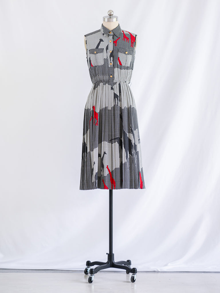 Vintage Chiffon Sleeveless Collared Black and White Midi Dress