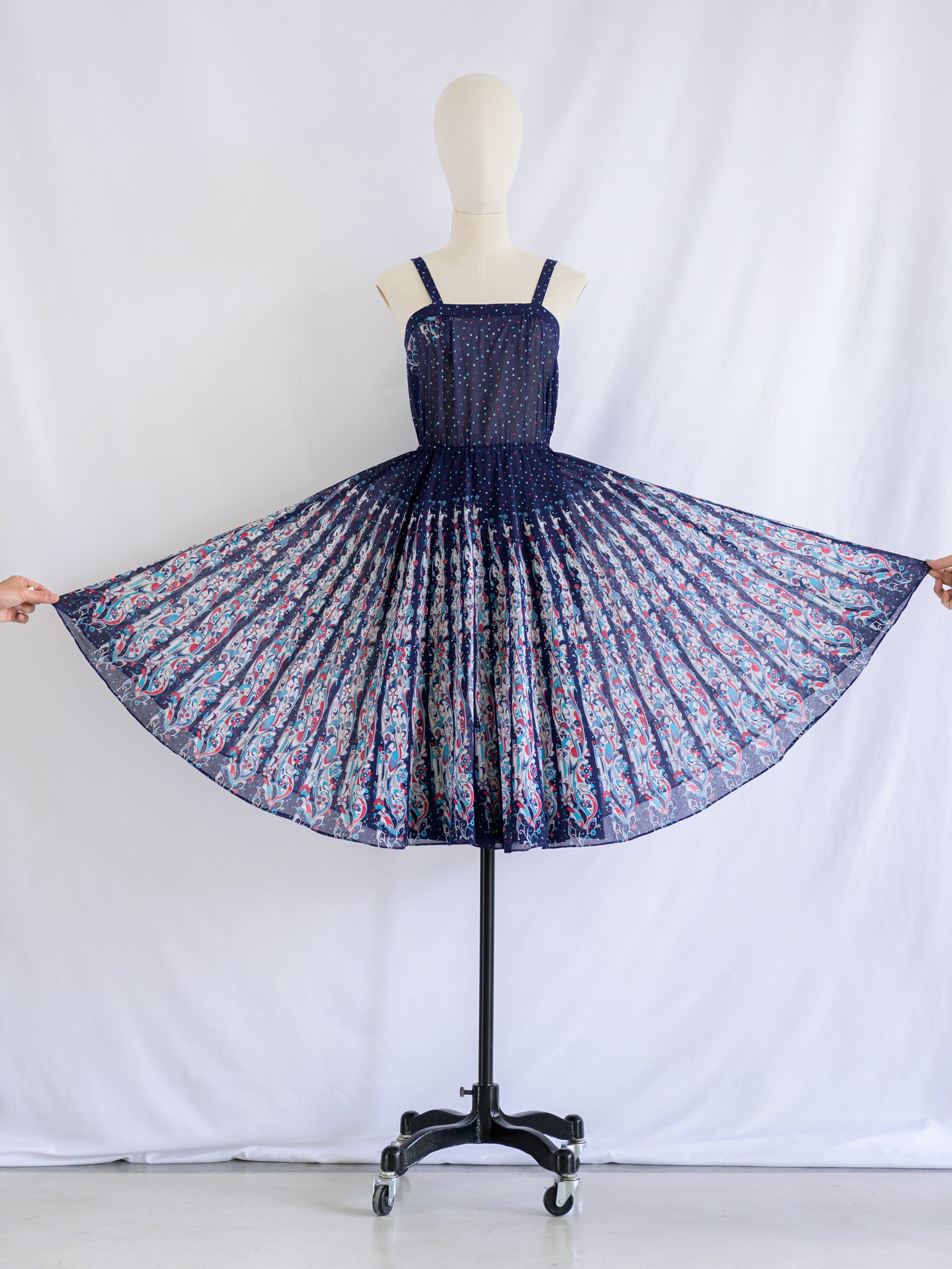 Vintage Cotton Blue Base Boho Print Midi Dress