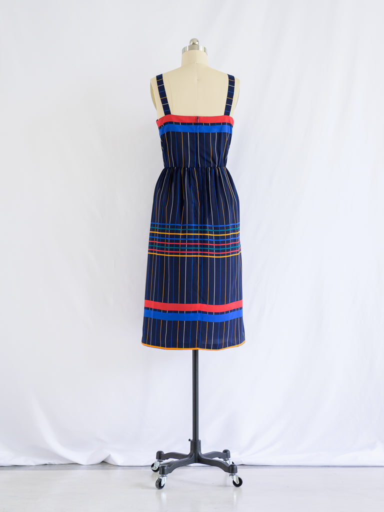 Vintage Black Chiffon Spaghetti Strap Stripe Midi Dress