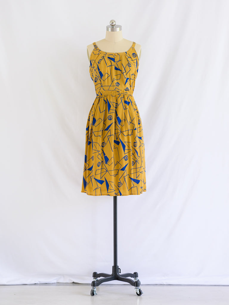 Vintage Yellow Geometric Print Chiffon Midi Dress