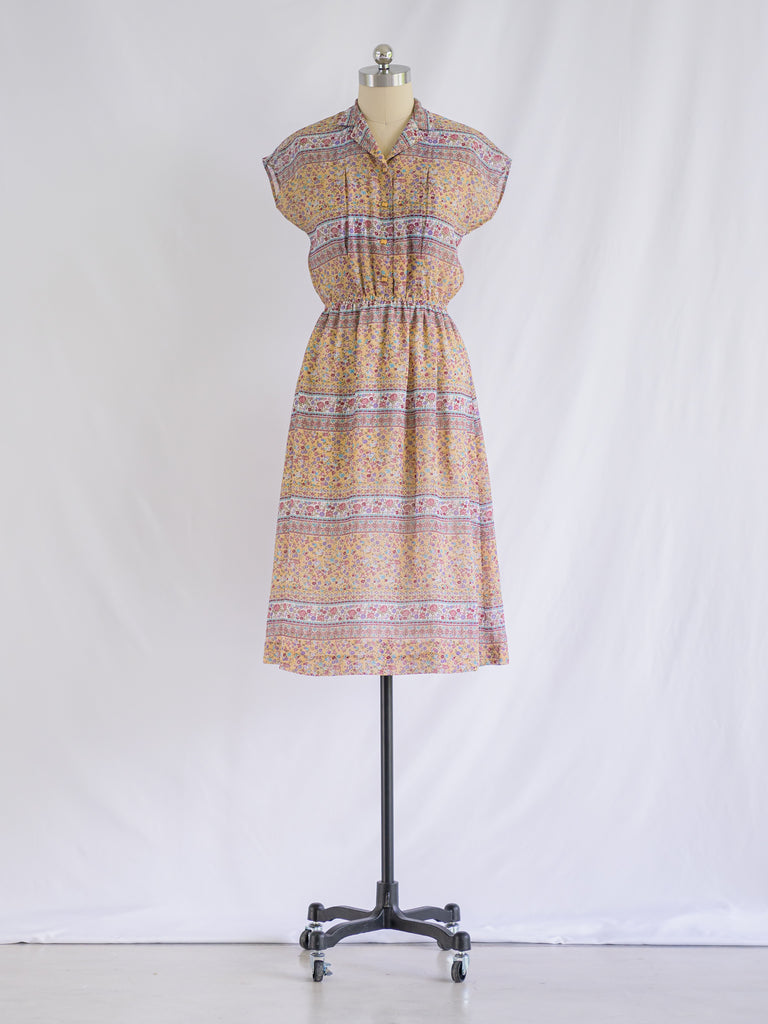 Vintage Collared Rose Print White Stripe Midi Dress