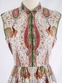 Vintage White Polyester Mandarin Neck Peacock Print Midi Dress