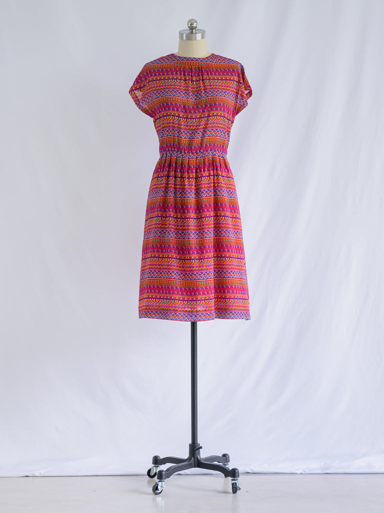Vintage Soft Pink Tribal Pleated Skirt Midi Dress
