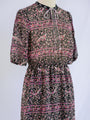 Vintage Half Sleeved Polyester Black Floral Midi Dress