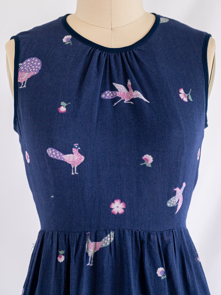 Sugar Cream Vintage Navy Blue Peacock Detailed Midi Dress