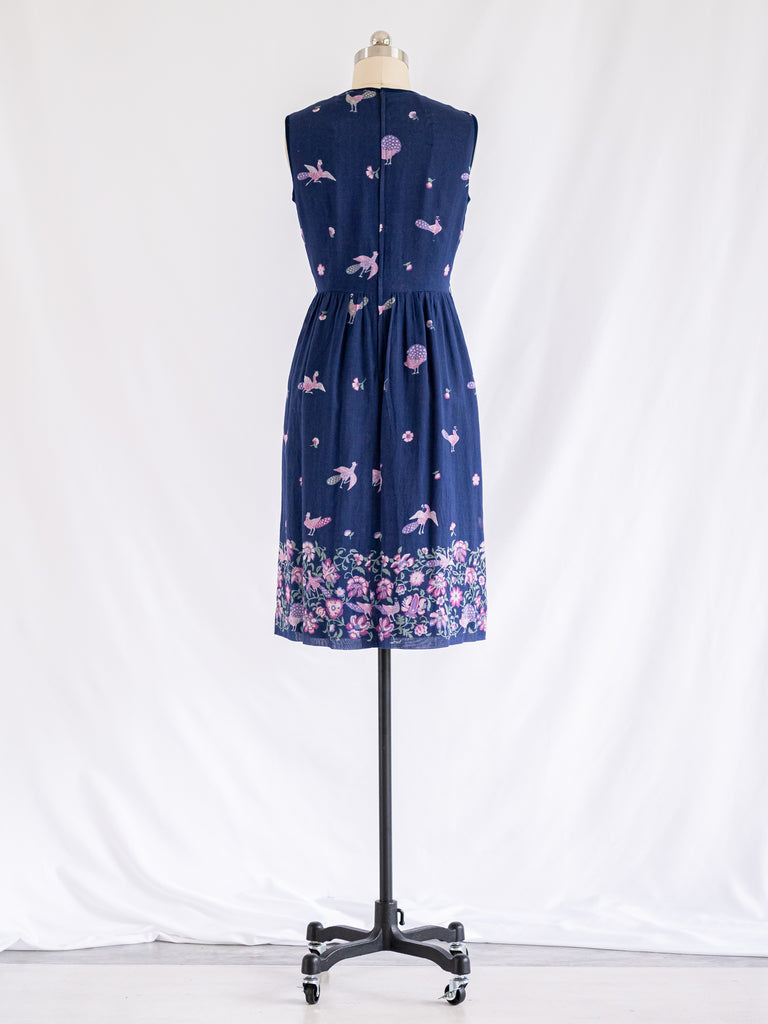 Vintage Navy Blue Cotton Peacock Detailed Midi Dress