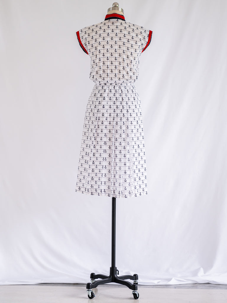 Vintage Cotton Anchor Print Red Collared White Midi Dress