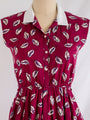 Vintage Red Leaf Print Cotton Short Sleeved Midi Dress