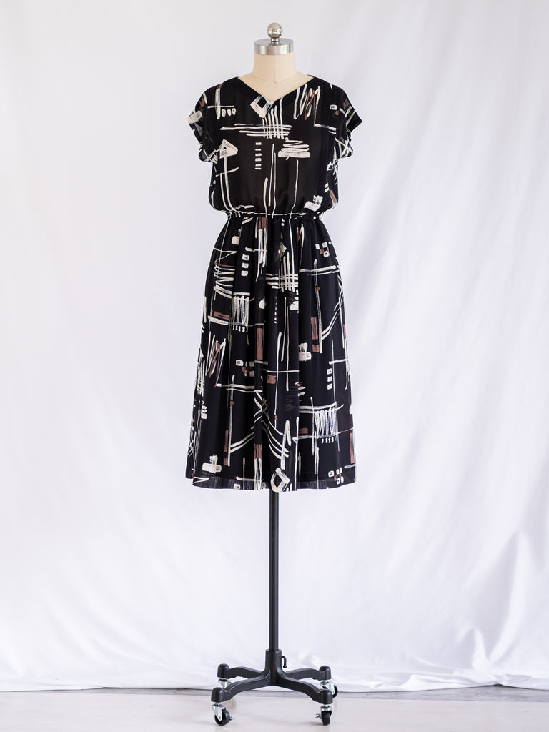 Vintage Black Chiffon Abstract White Print Midi Dress
