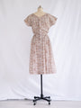 Vintage White Short Sleeved Brown Rose Print Cotton Midi Dress