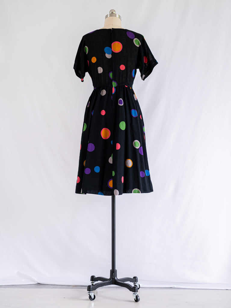 Vintage Black Polka Dot Cotton Half Sleeve Midi Dress