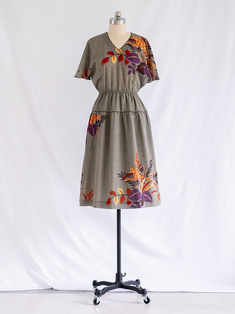 Vintage Brown Polyester Leopard Print Half Bell Sleeved Midi Dress