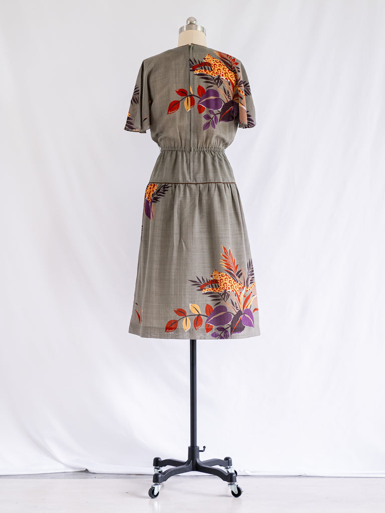 Vintage Brown Polyester Leopard Print Half Bell Sleeved Midi Dress