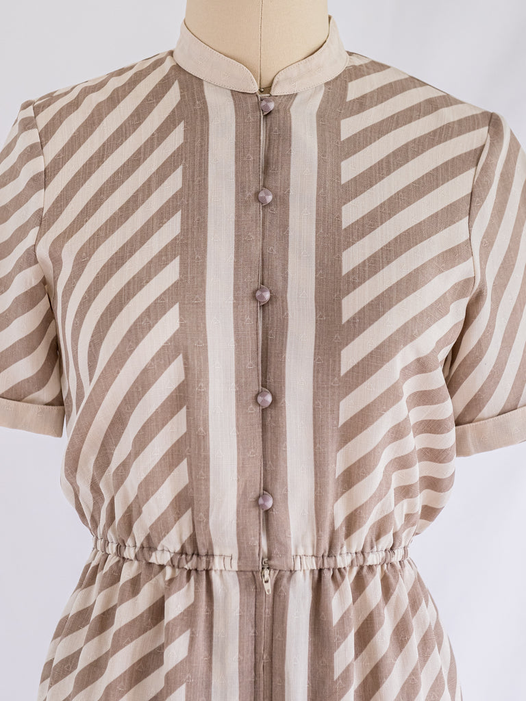 Sugar Cream Vintage Mandarin Collar White Brown Stripes Midi Dress