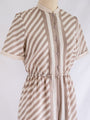 Vintage Mandarin Collar White Brown Stripes Midi Dress