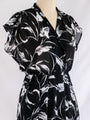 Vintage Polyester V-neck Leaf Print Black Midi Dress