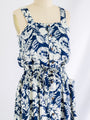 Vintage Cotton Blue Dress White Floral Pleated Midi Dress