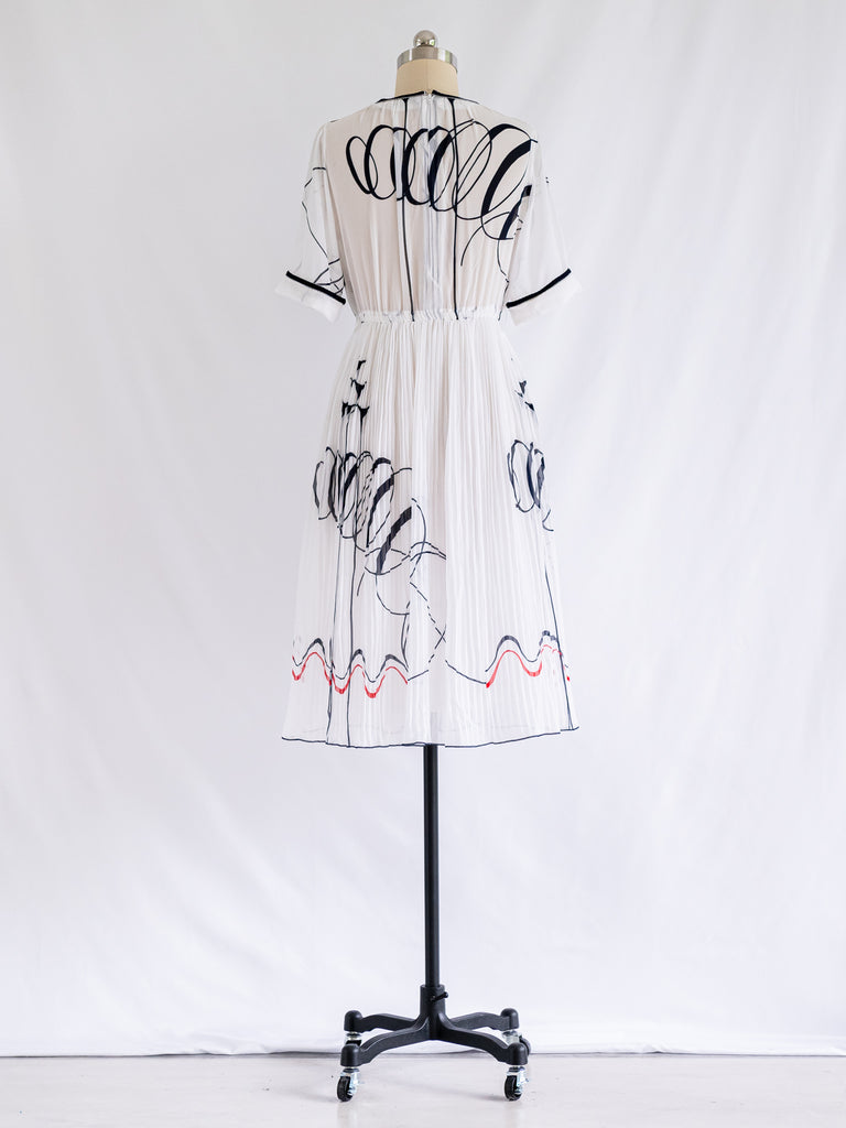 Vintage White Chiffon Abstract Black Print Midi Dress