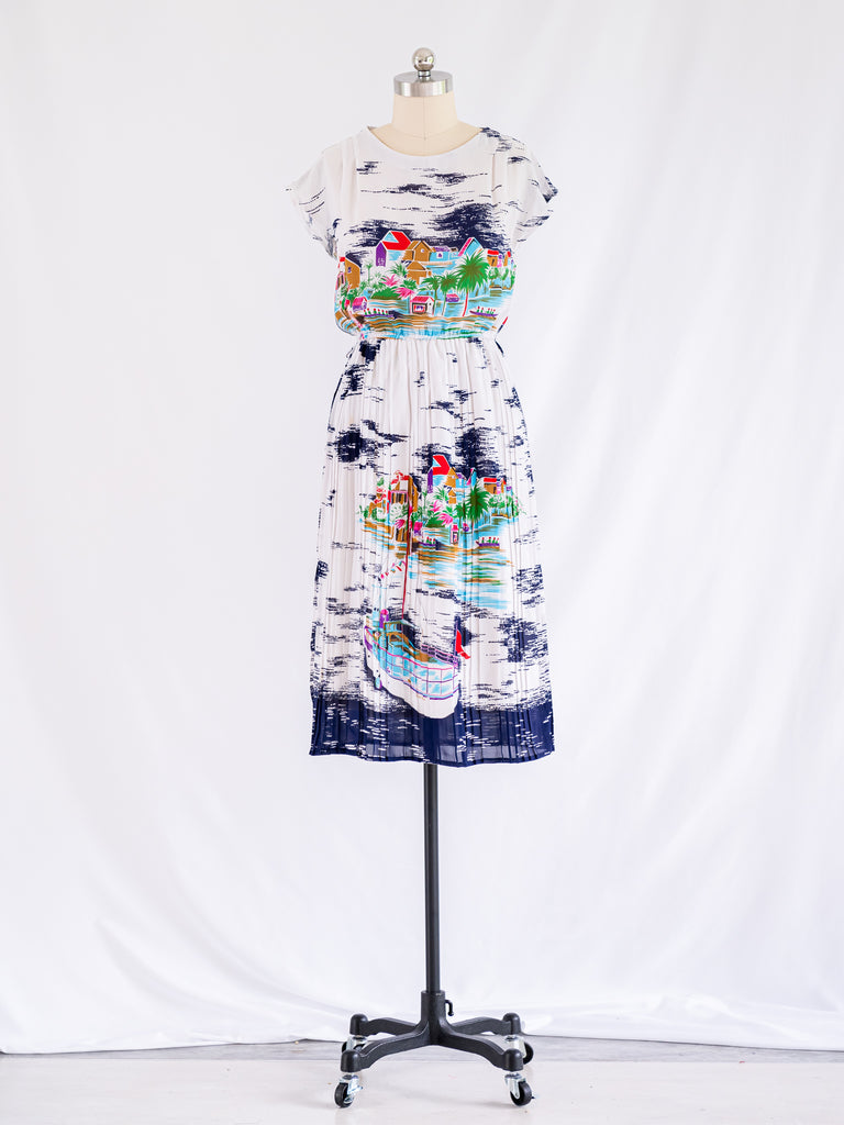 Vintage Colorful Abstract House Print White Midi Dress