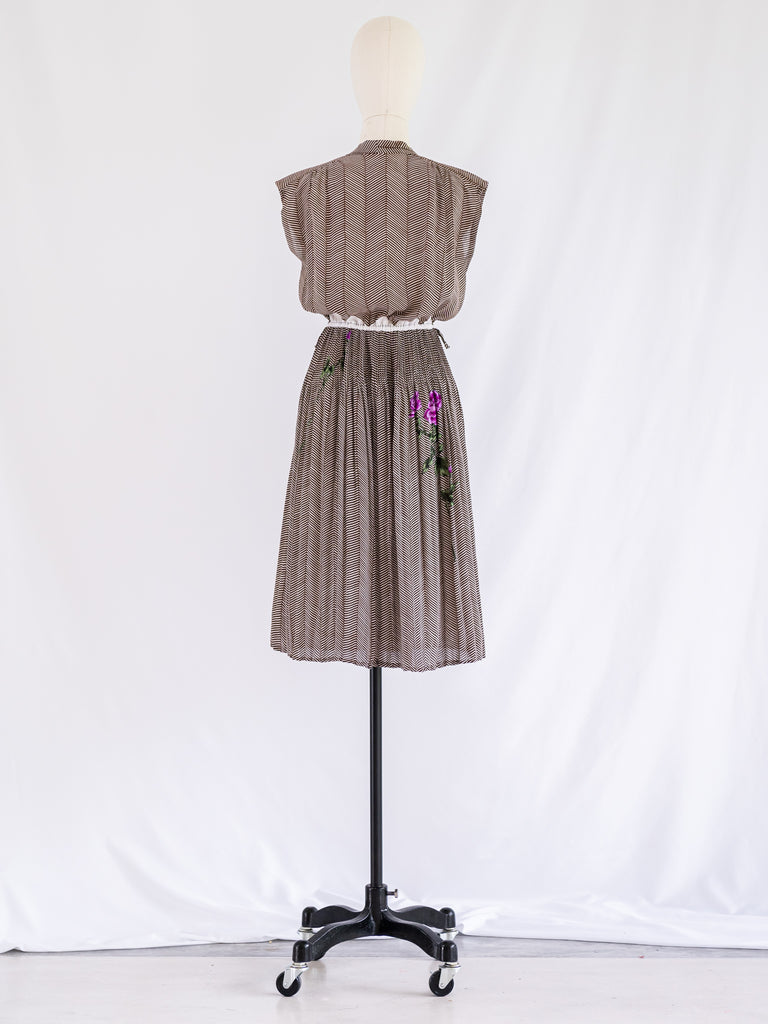 Vintage White and Brown Stripe Rose Print Chiffon Midi Dress