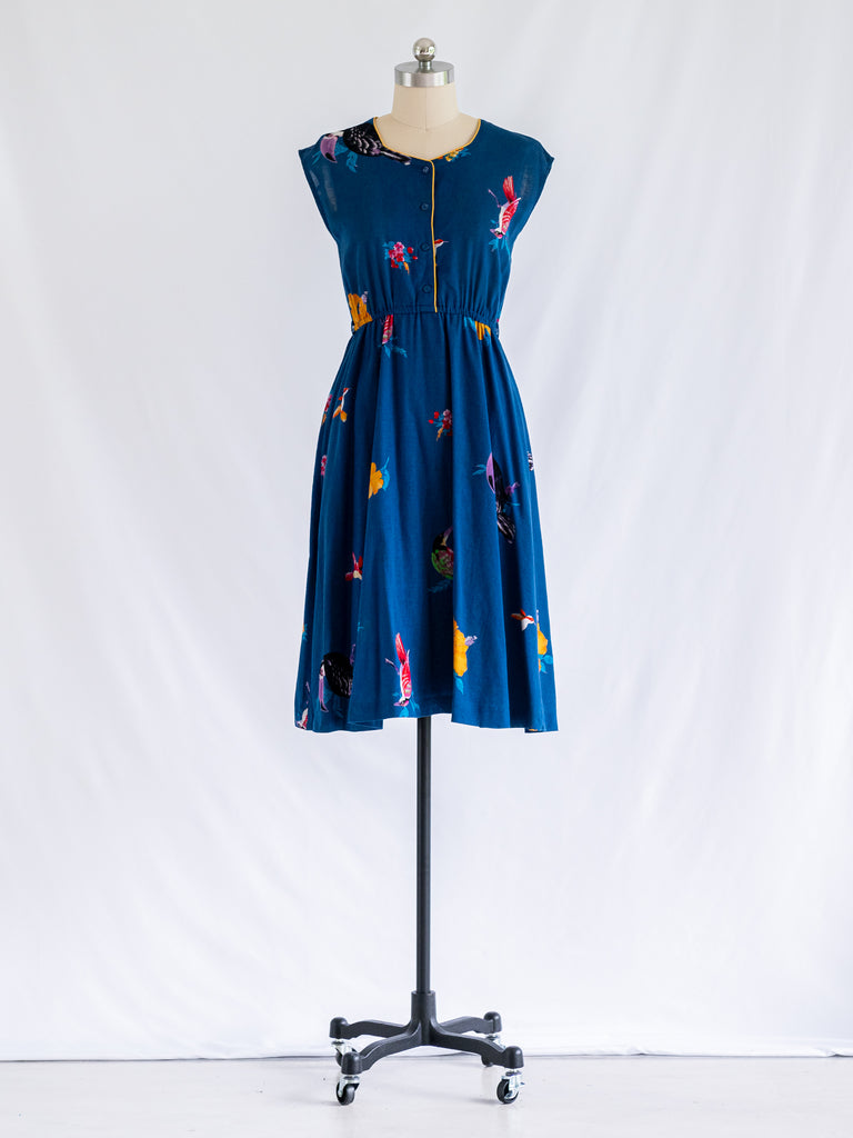 Vintage Polyester Blue Floral Print Midi Dress