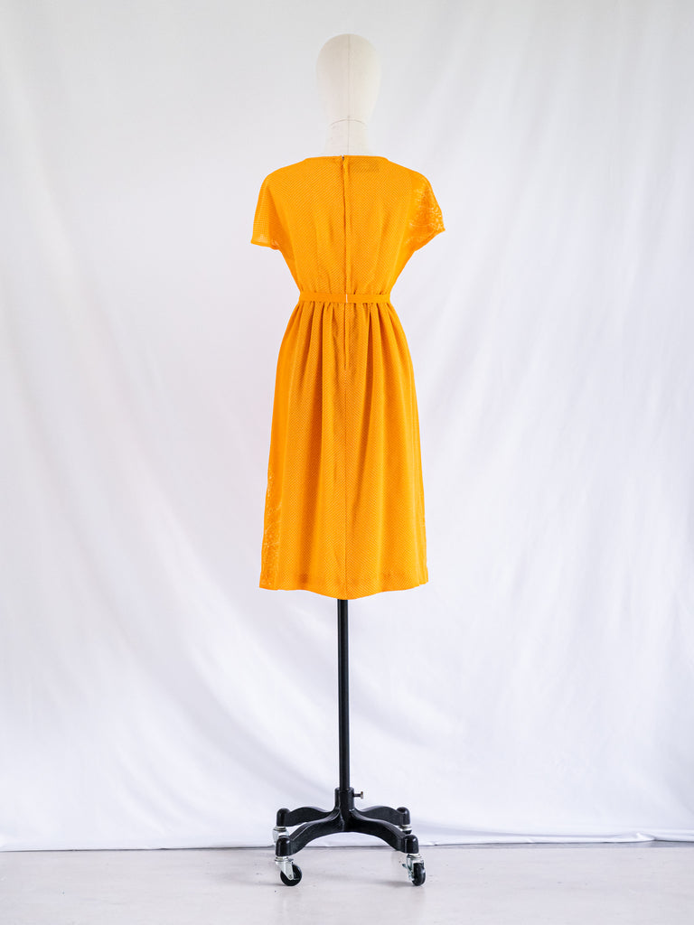 Vintage Orange Chiffon Round Neck Floral Print Midi Dress
