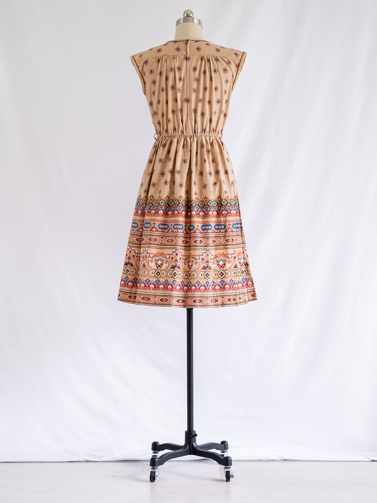 Vintage Peach Uniform Floral Print Short Sleeved Midi Dress