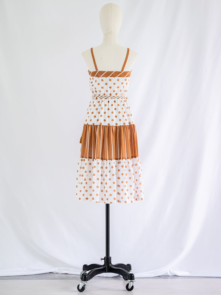 Vintage Polka Dot Stripe Print Spaghetti Strap Midi Dress