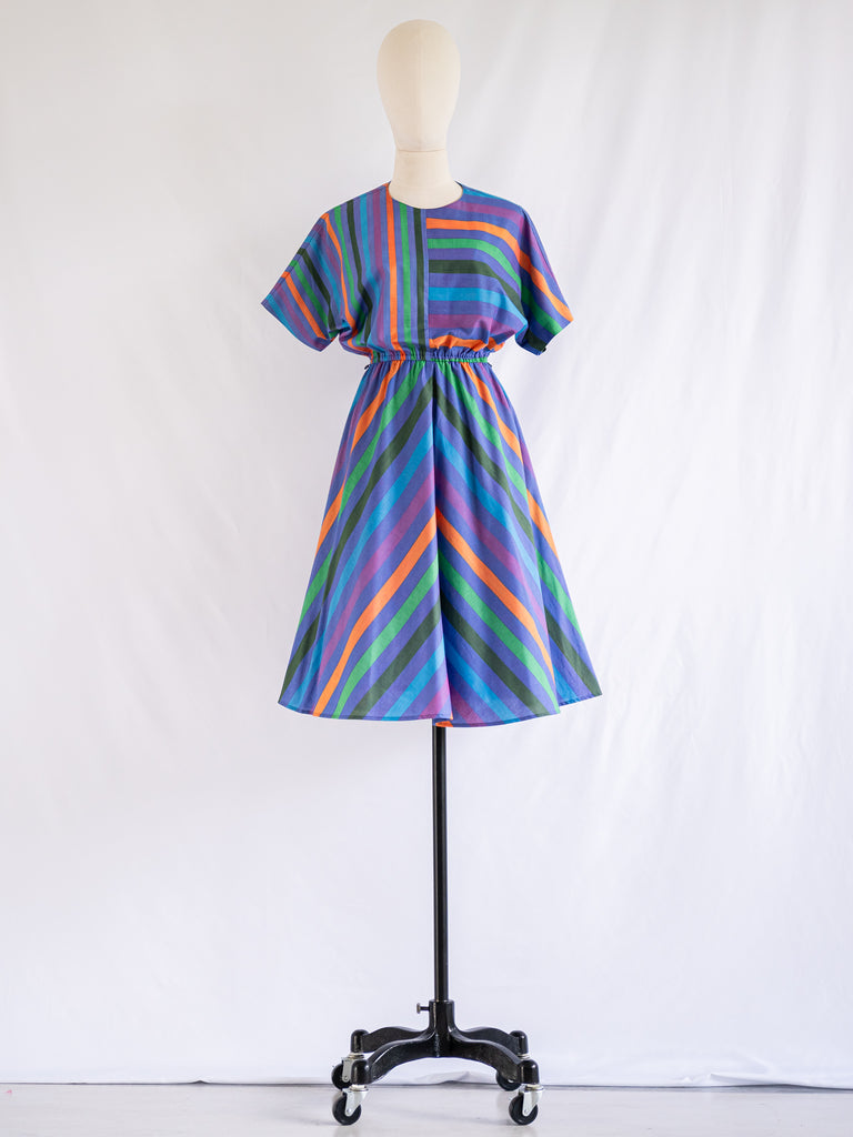 Vintage Purple Stripe Cotton Midi Dress