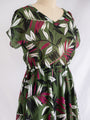 Vintage V-neck Leaf Print Polyester Green Midi Dress